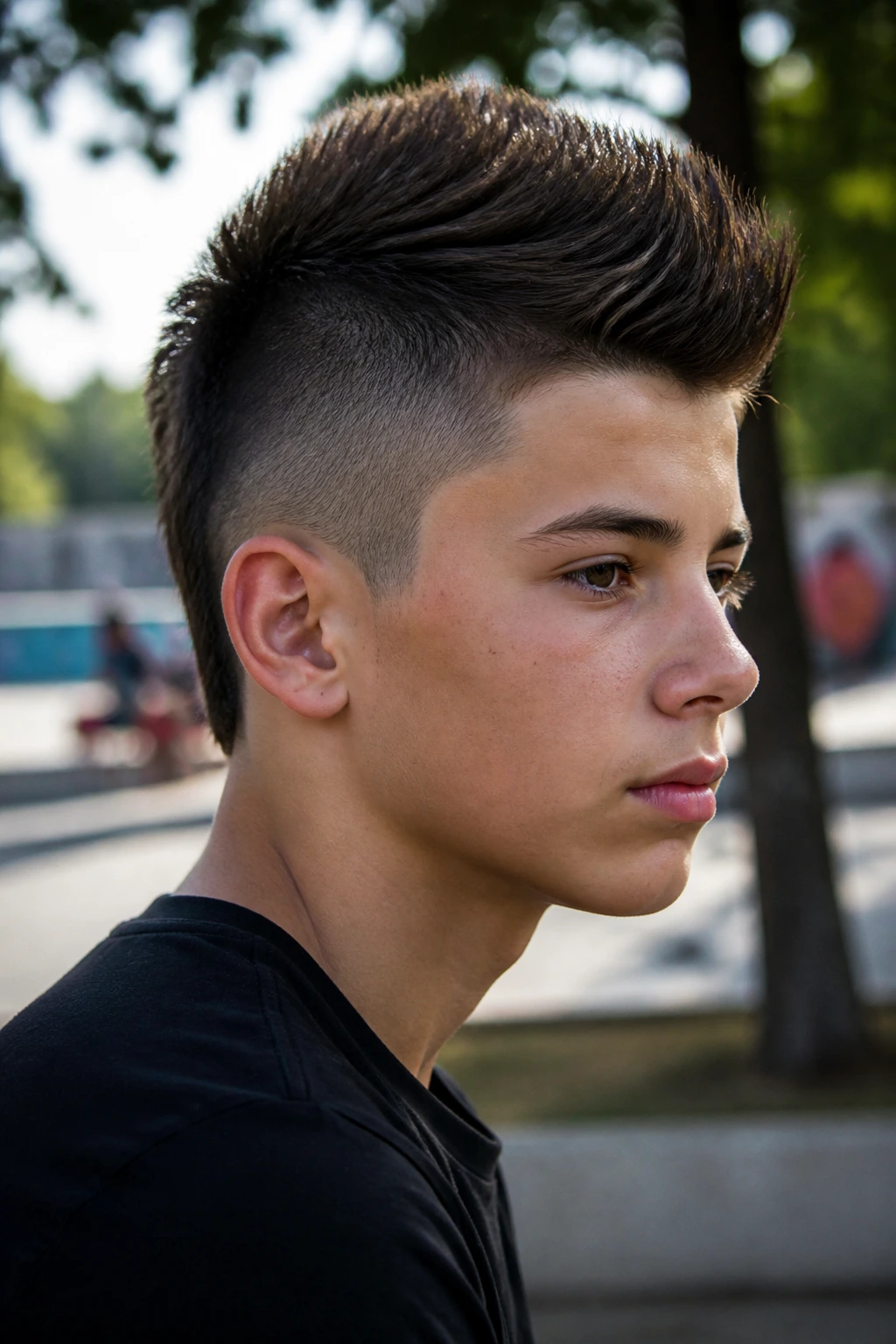Teen with faux hawk hairstyle in urban park