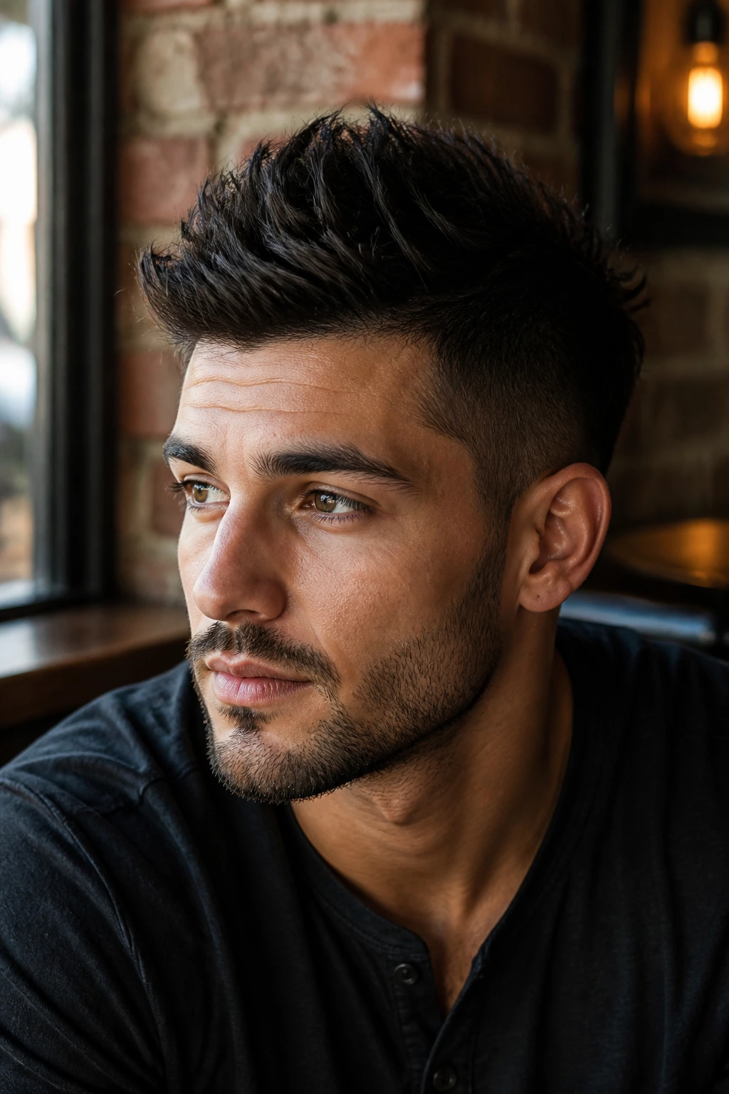 Close-up portrait of a man with a classic textured faux-hawk hairstyle in a cozy cafe setting