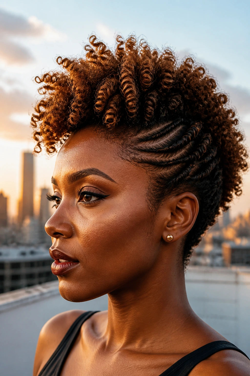 Close-up of a real person with a twisted-sides faux hawk on a rooftop at golden hour