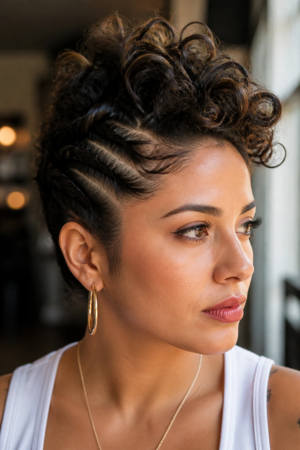 Close-up portrait of a real woman with a faux-hawk formed by twisted temples and central hawk.