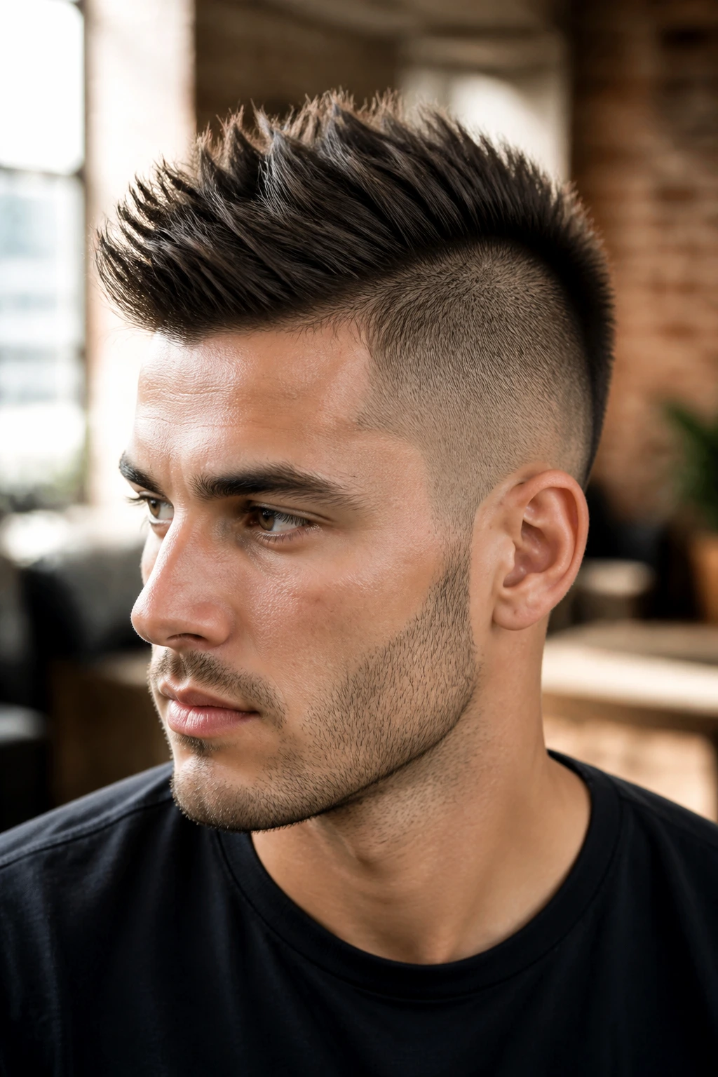 Close-up portrait of a real person with a faux hawk undercut and shaved sides