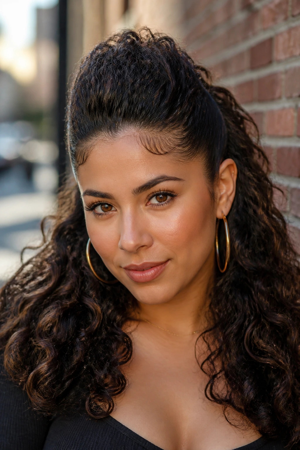 Close-up of a real person with a faux-hawk half-up hairstyle, urban setting