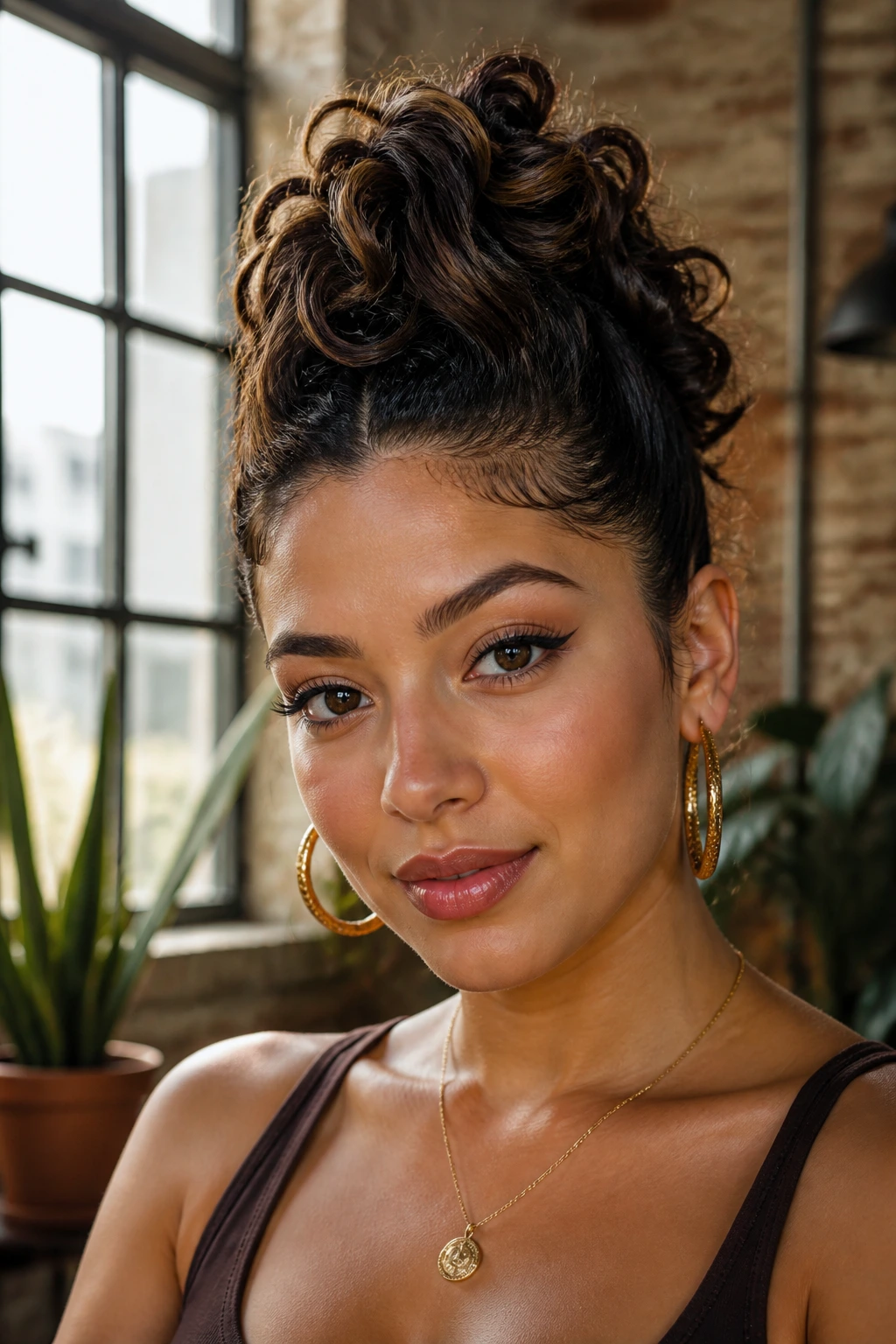 Close-up of a real woman with a centered faux-hawk updo in an urban loft setting.