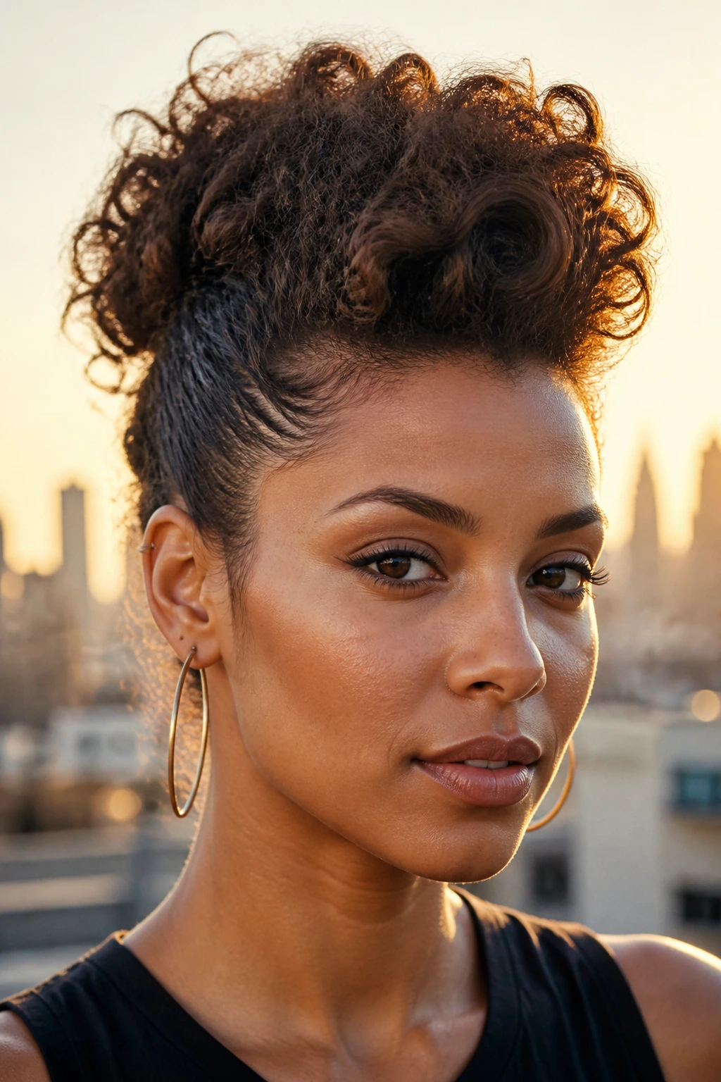 Close-up of a real person with a voluminous faux-hawk updo