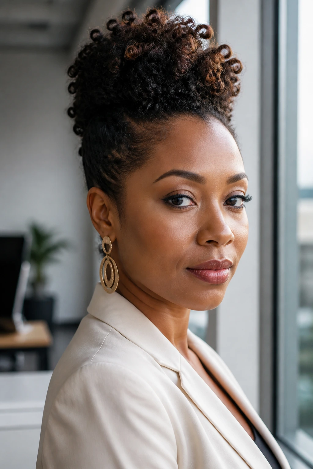 Close-up of a real person with a faux-hawk updo in a professional office setting.