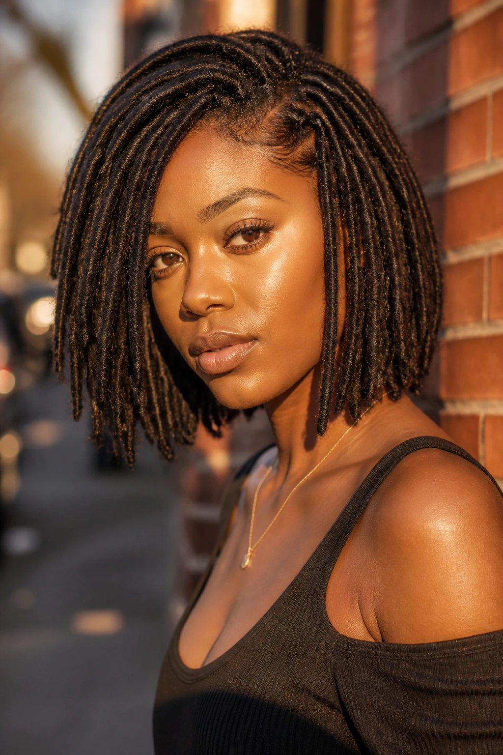 Close-up of real woman with bob-length faux locs against brick wall in golden hour light