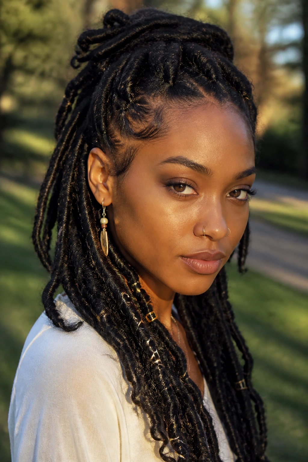 Close-up portrait of a person with distressed faux locs in natural light