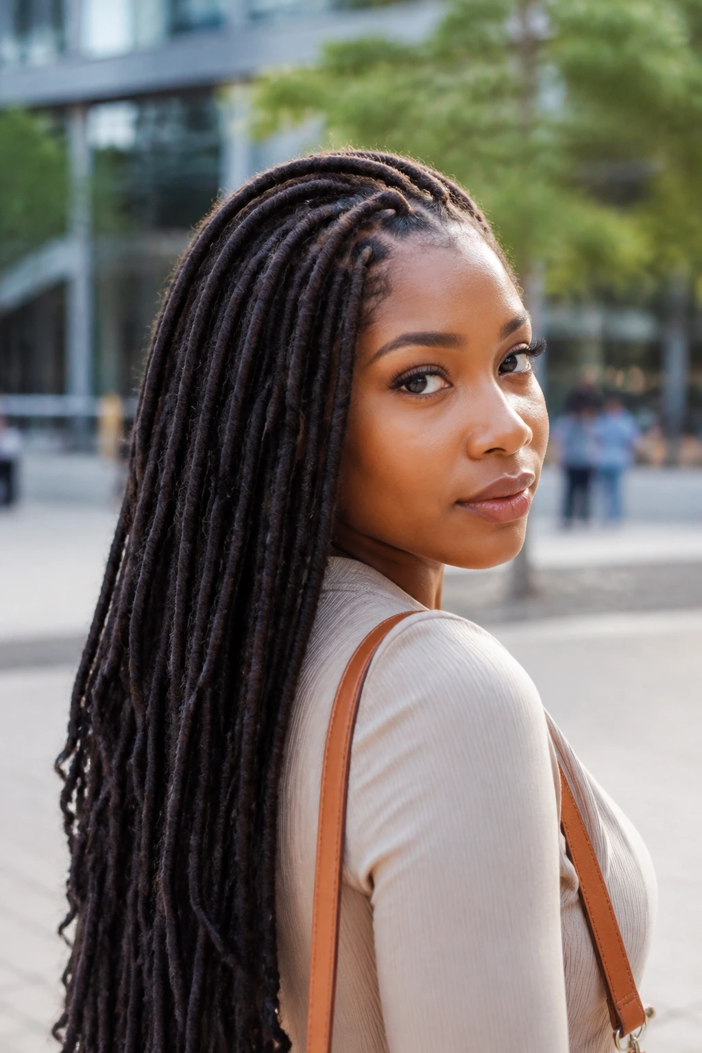 Close-up of a woman with long faux locs in an urban outdoor setting.