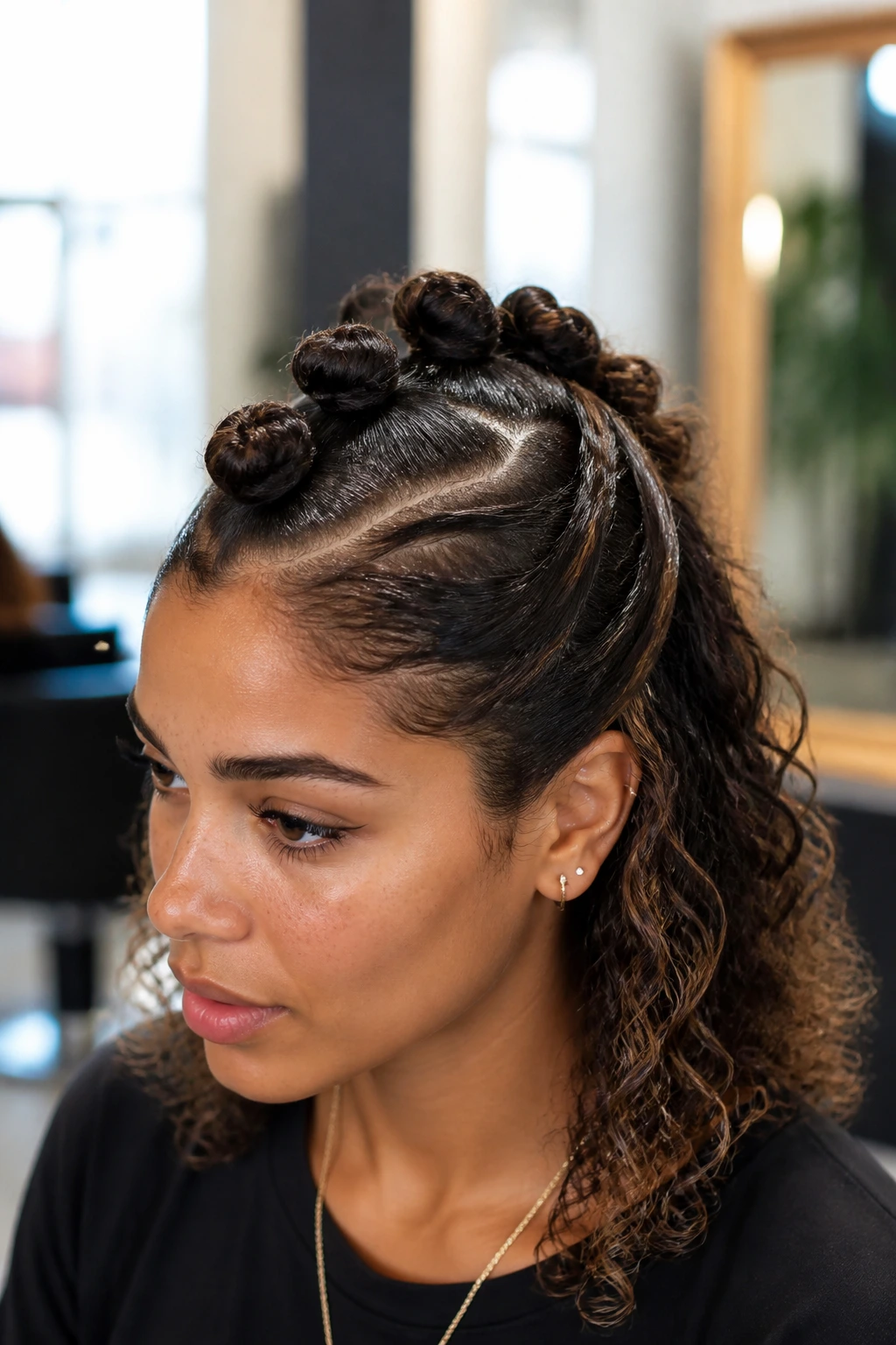 Close-up of a person with center knots forming a faux mohawk in a bright salon.