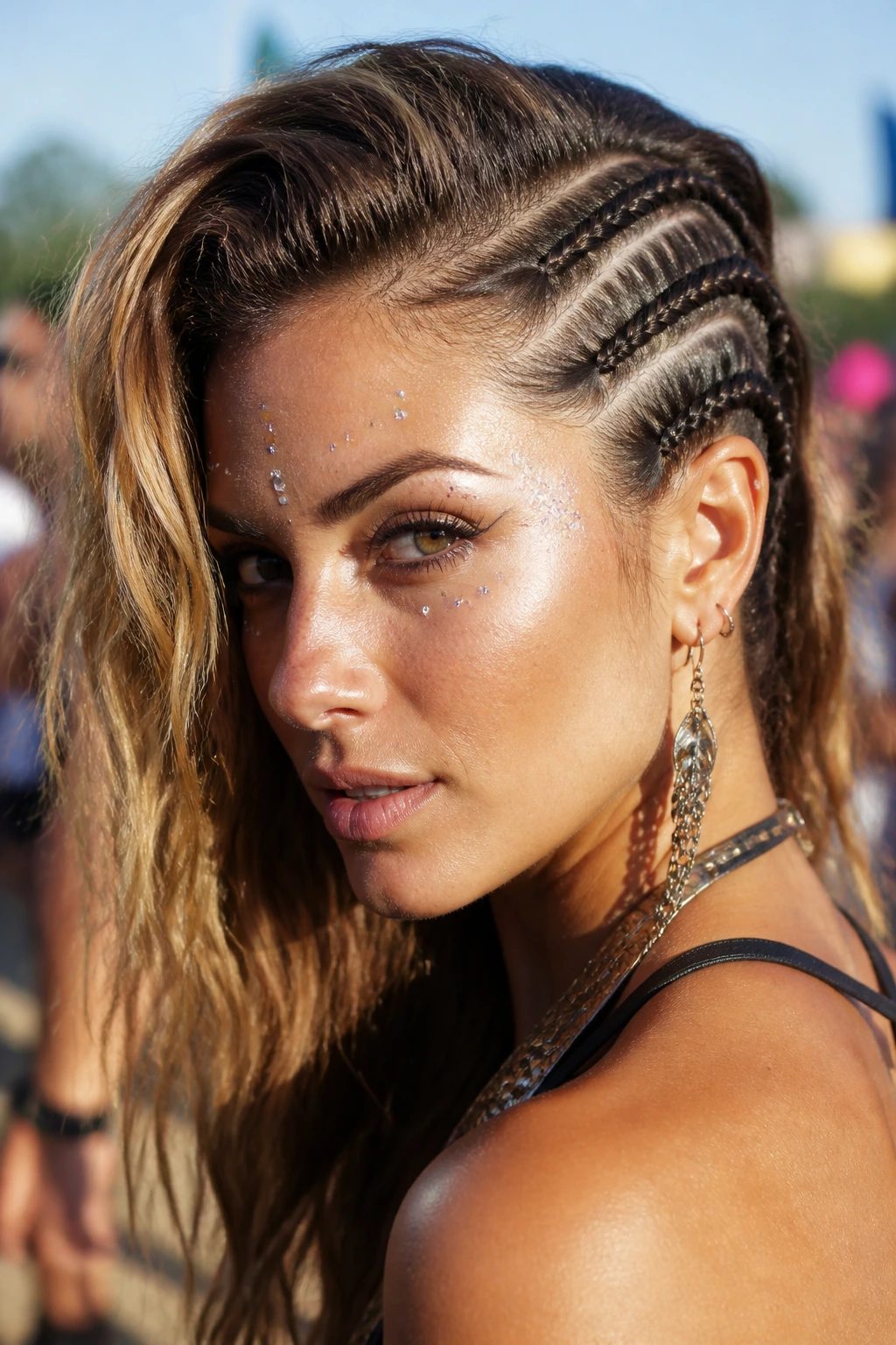 Close-up of a real person showing side French braids with a dramatic swoop in a festival setting