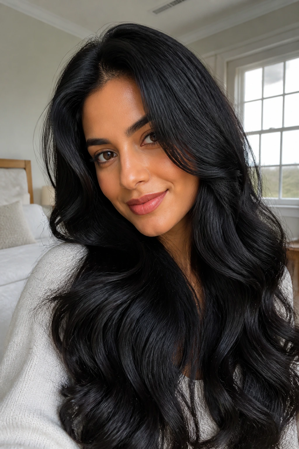 Close-up of real woman with voluminous waves resembling a faux blowout