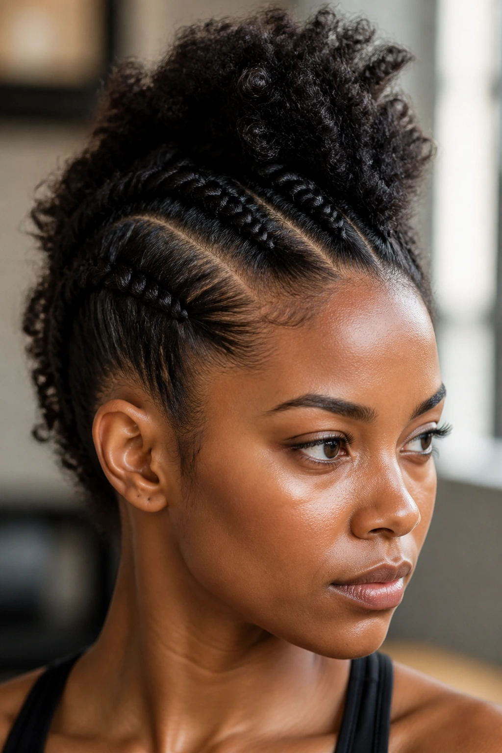Close-up of a person with two tight side braids forming a faux hawk