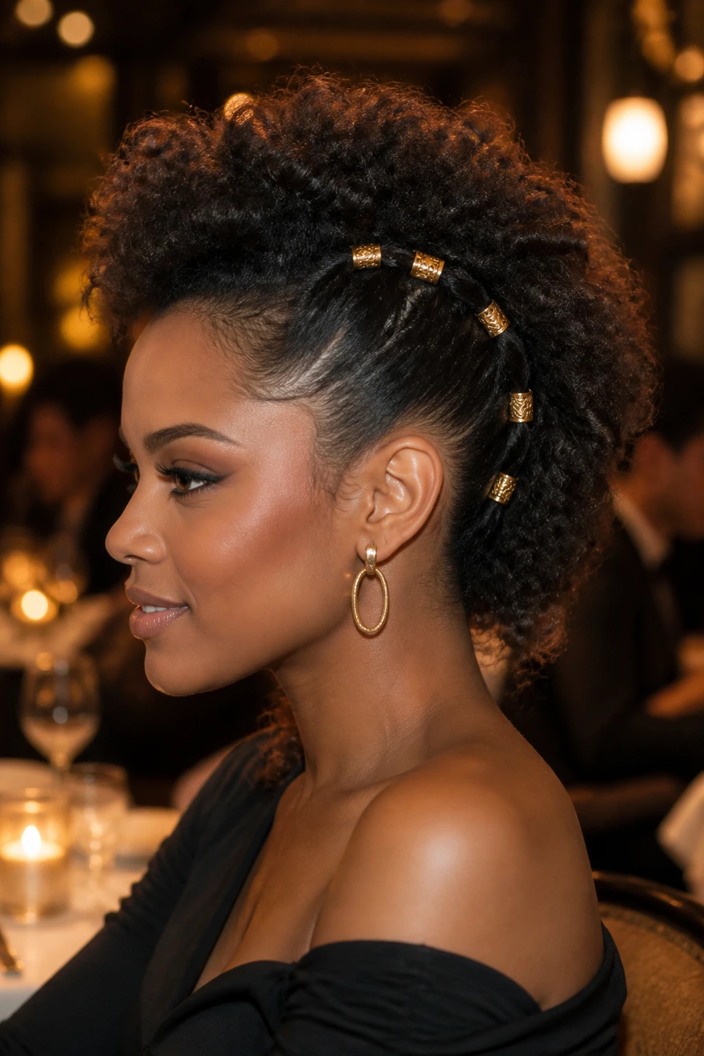 Close-up of a real person with a low faux-hawk and gold cuffs in candlelit restaurant lighting