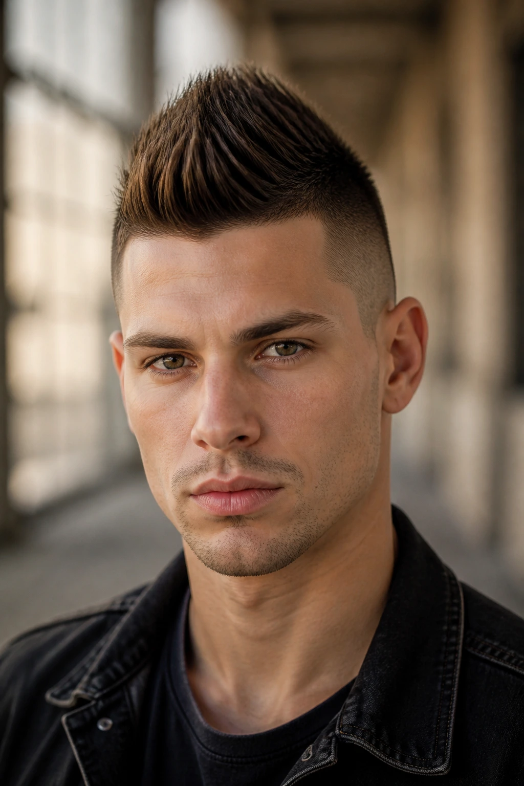 Close-up of a real person showing a faux hawk with tapered sides and a vertical hair ridge.
