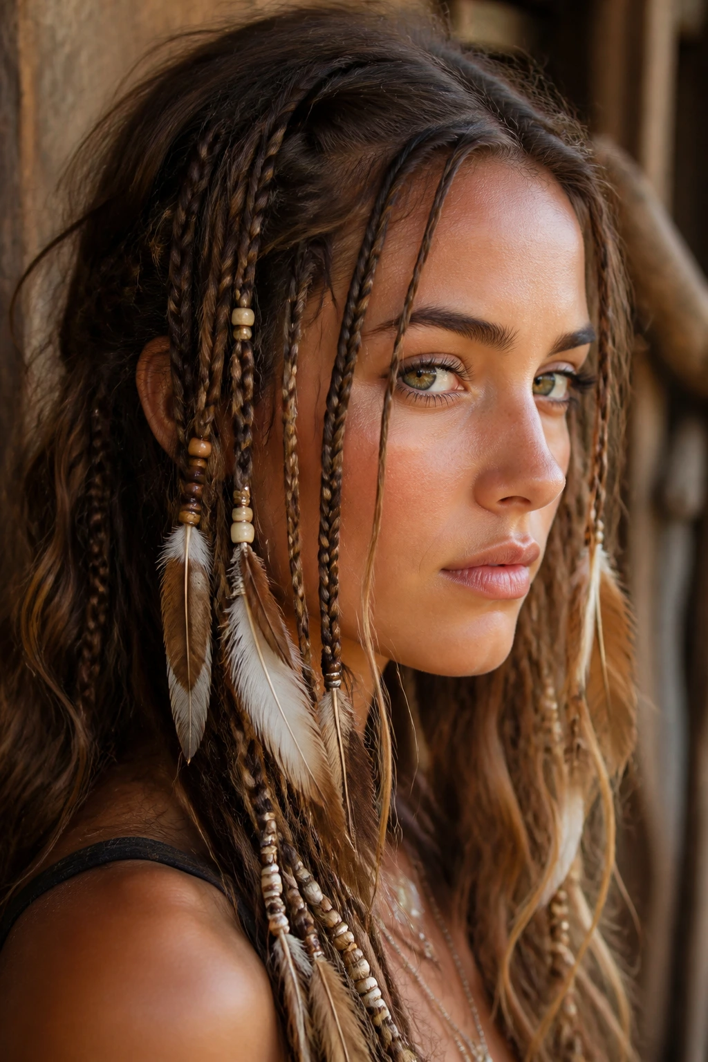 Face-framing feather-accent braids on a real person
