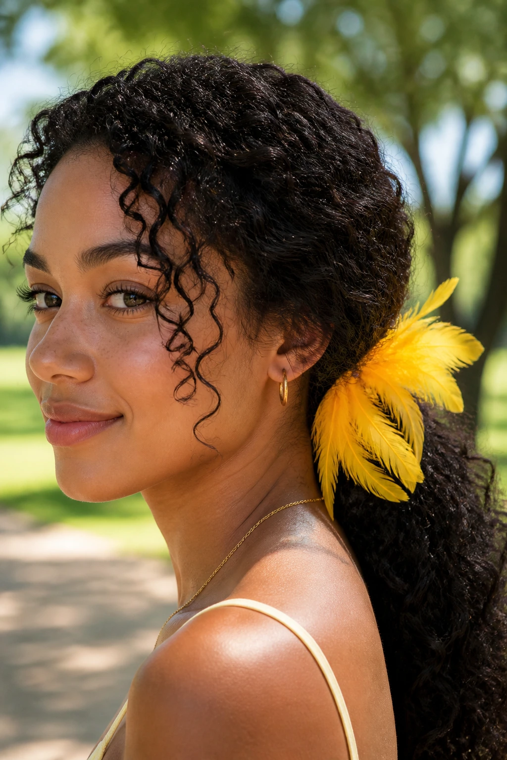 Woman with sunny yellow feather clips at the base of a low ponytail