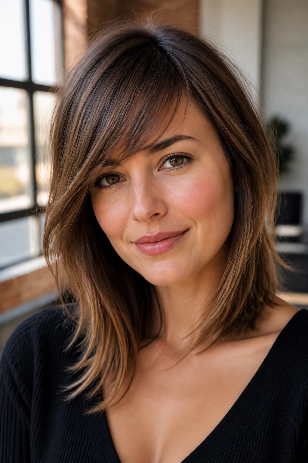 Portrait of a real person with diagonal feather-light asymmetric fringe