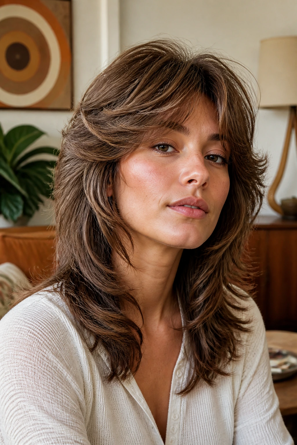 Close-up portrait of a person with feathered 70s shag in a retro-inspired room