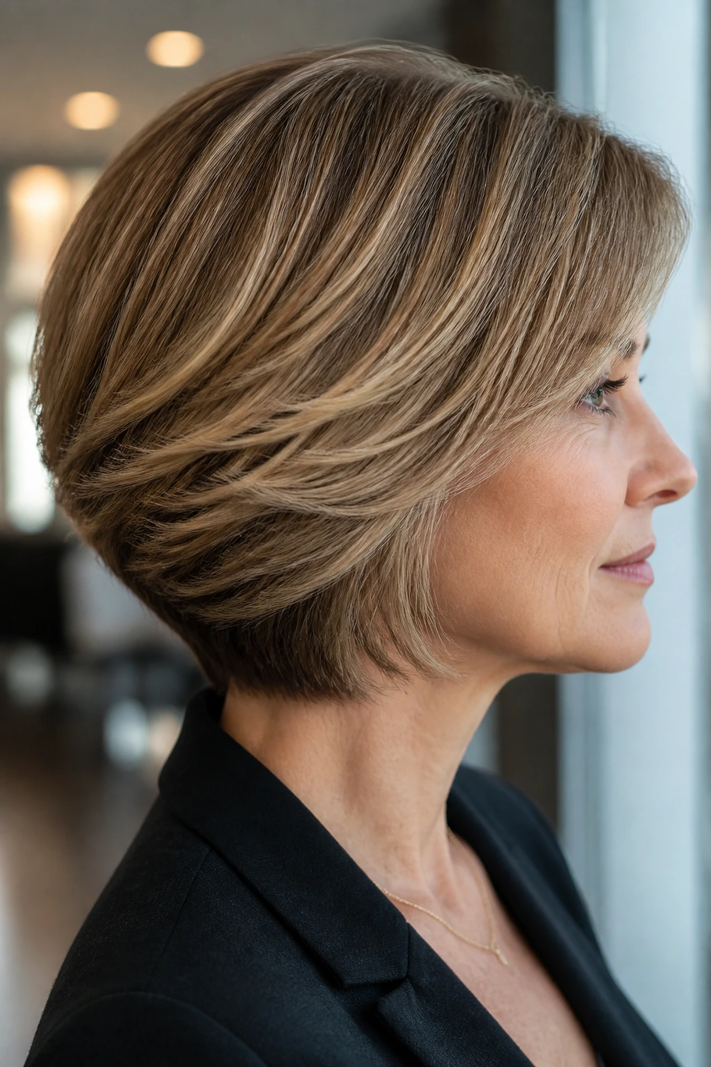 Close-up portrait of a real person showing feathered back stack for fine hair in an office setting