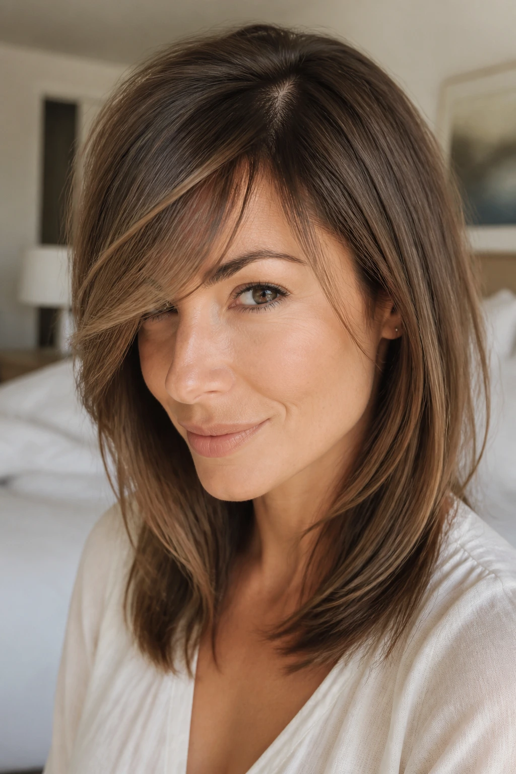Close-up of a real woman with side-swept feathered bangs on fine hair under natural light