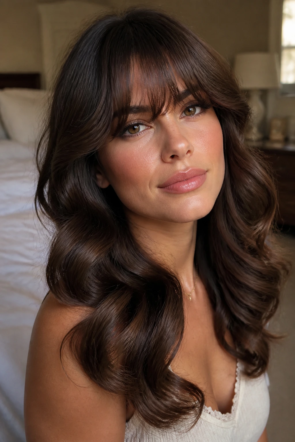 Close-up of a woman with feathered bangs and Hollywood waves in warm window light.