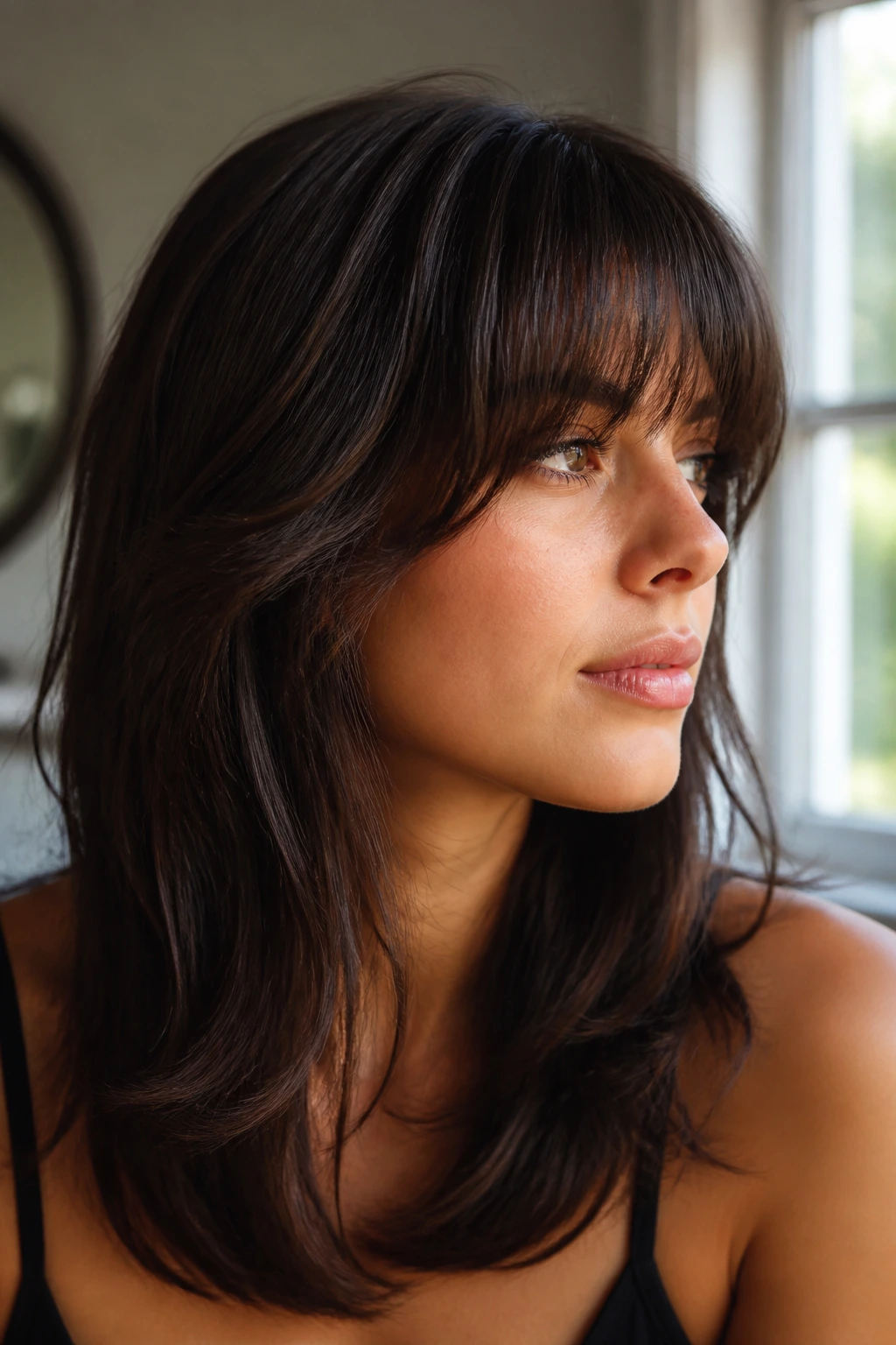 Close-up of a real woman with feathered straight bangs swept back