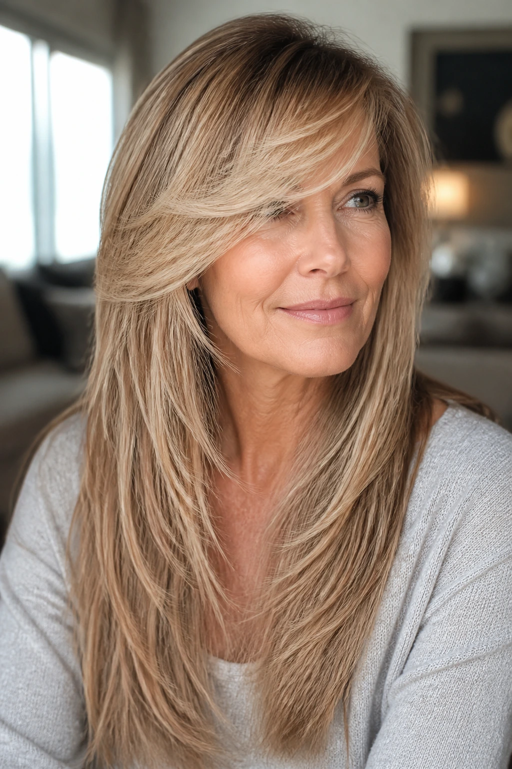 Portrait of woman with side-swept feathered bangs and long layers