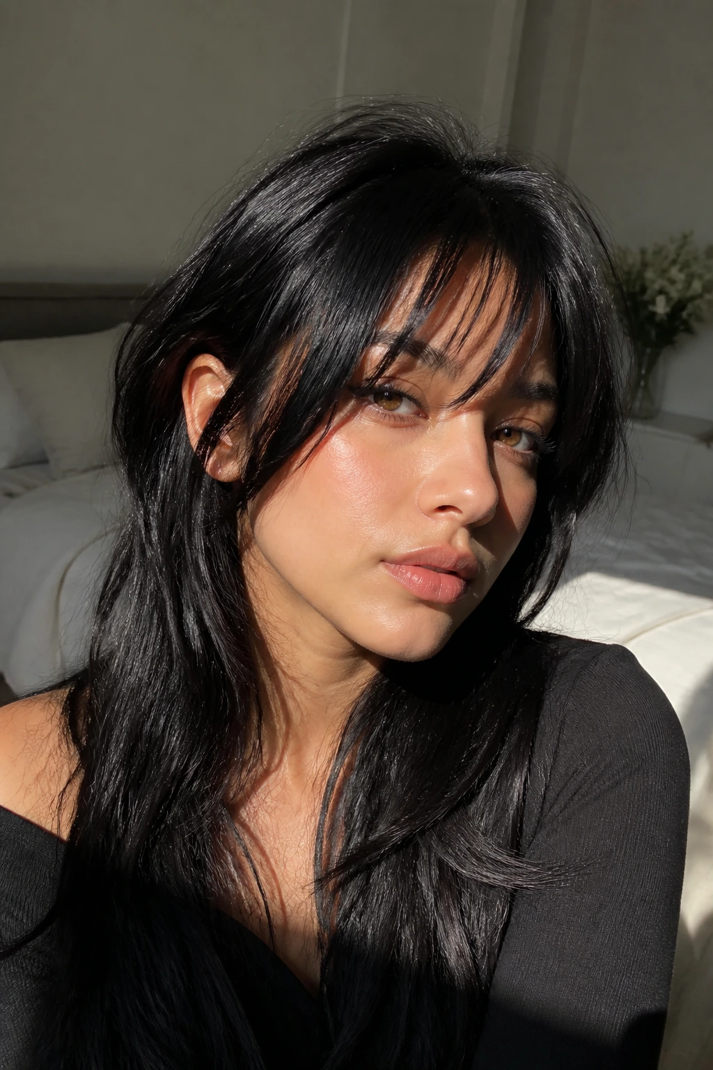 Close-up real woman with feathered wispy bangs and face-framing tendrils