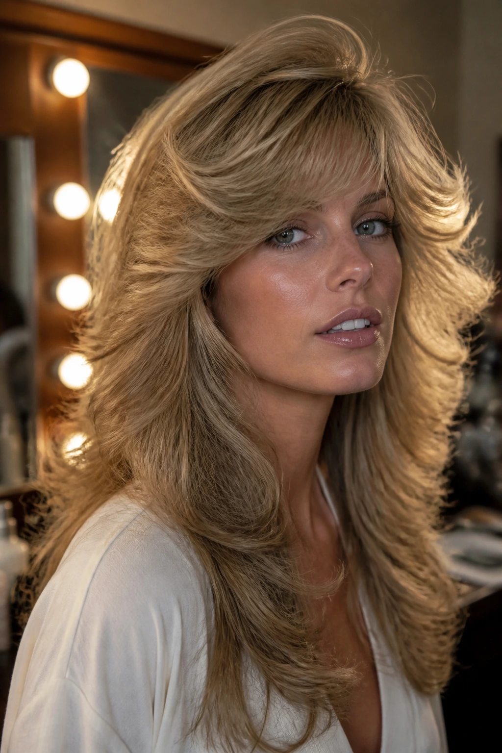 Real woman with feathered Farrah Fawcett bangs and voluminous blowout in retro vanity area