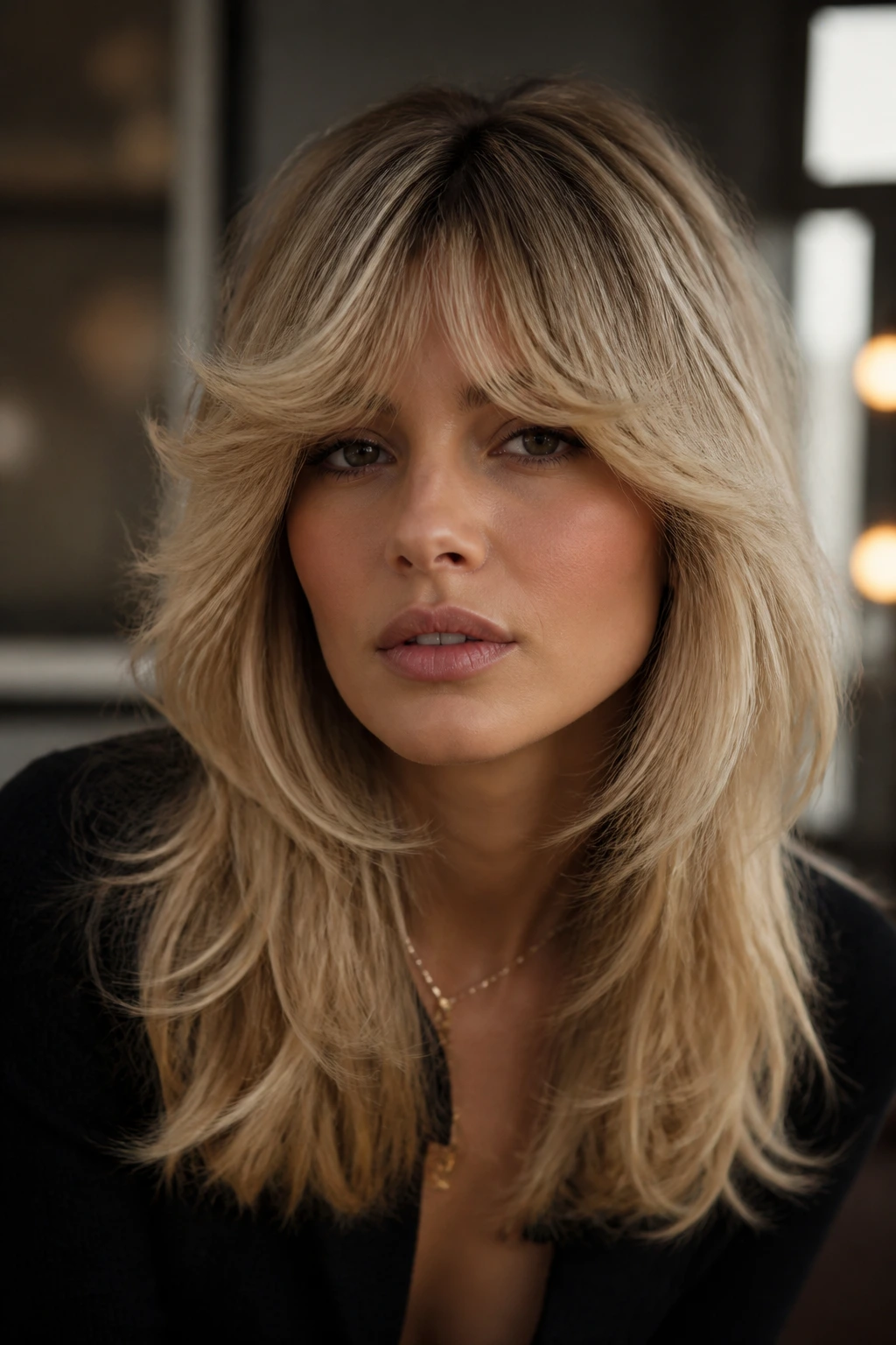 Close-up of a real woman with Bardot-style feathered bangs and voluminous crown