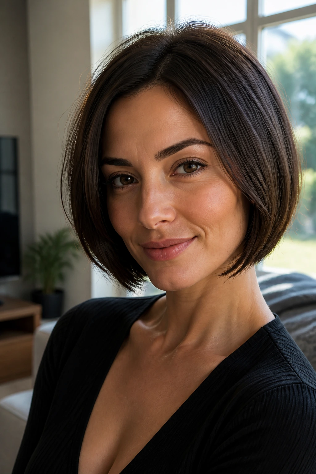 Close-up portrait of a real woman with a sleek feathered chin-length bob in natural window light