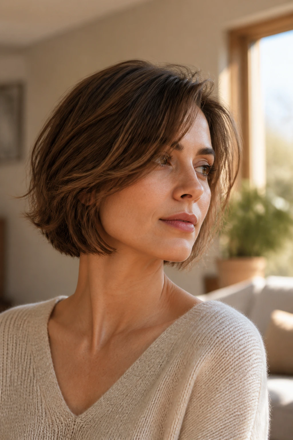 Close-up of a real woman with a feathered chin-length bob under warm window light