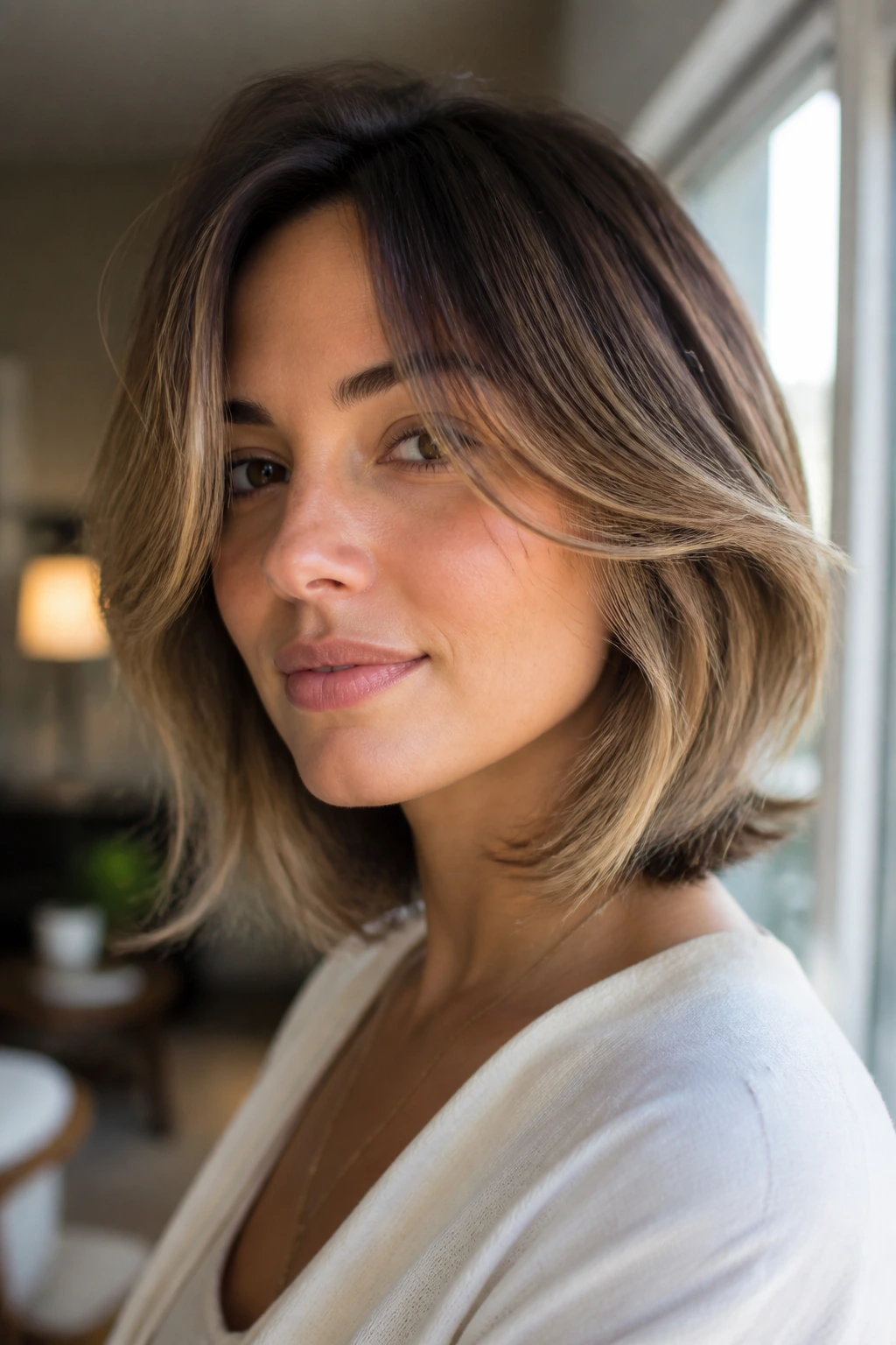 Close-up portrait of a real woman with a face-framing feathered bob in warm window light