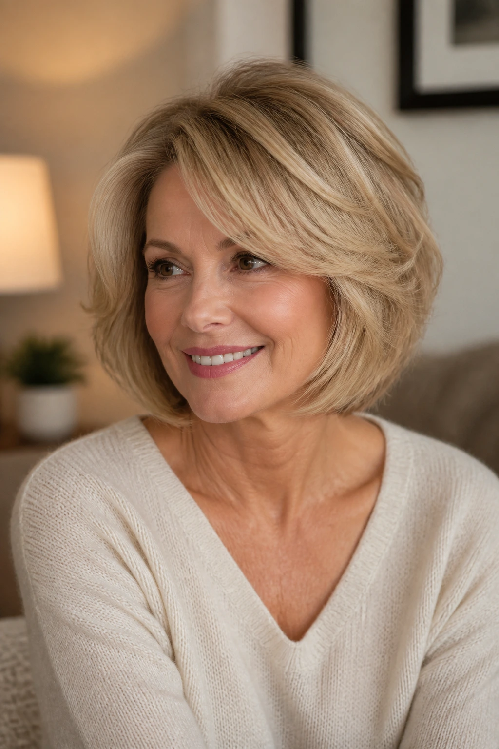 Close-up of feathered layered bob on real person with soft texture in warm living room