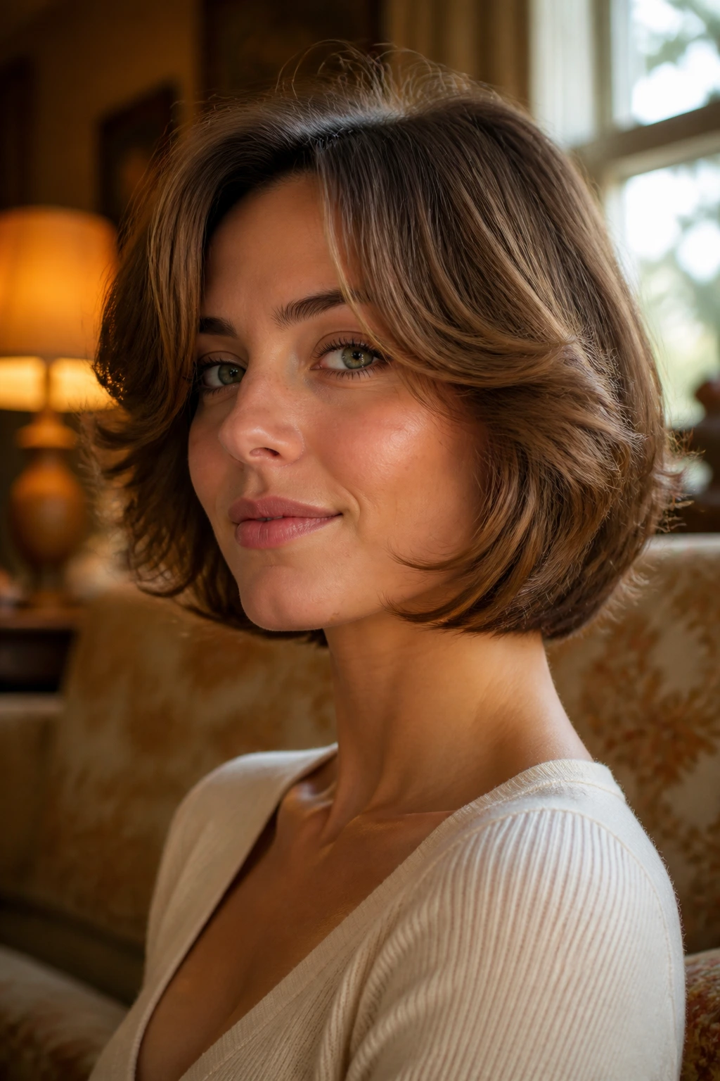 Close-up portrait of a woman with a feathered retro bob against a warm vintage living room backdrop