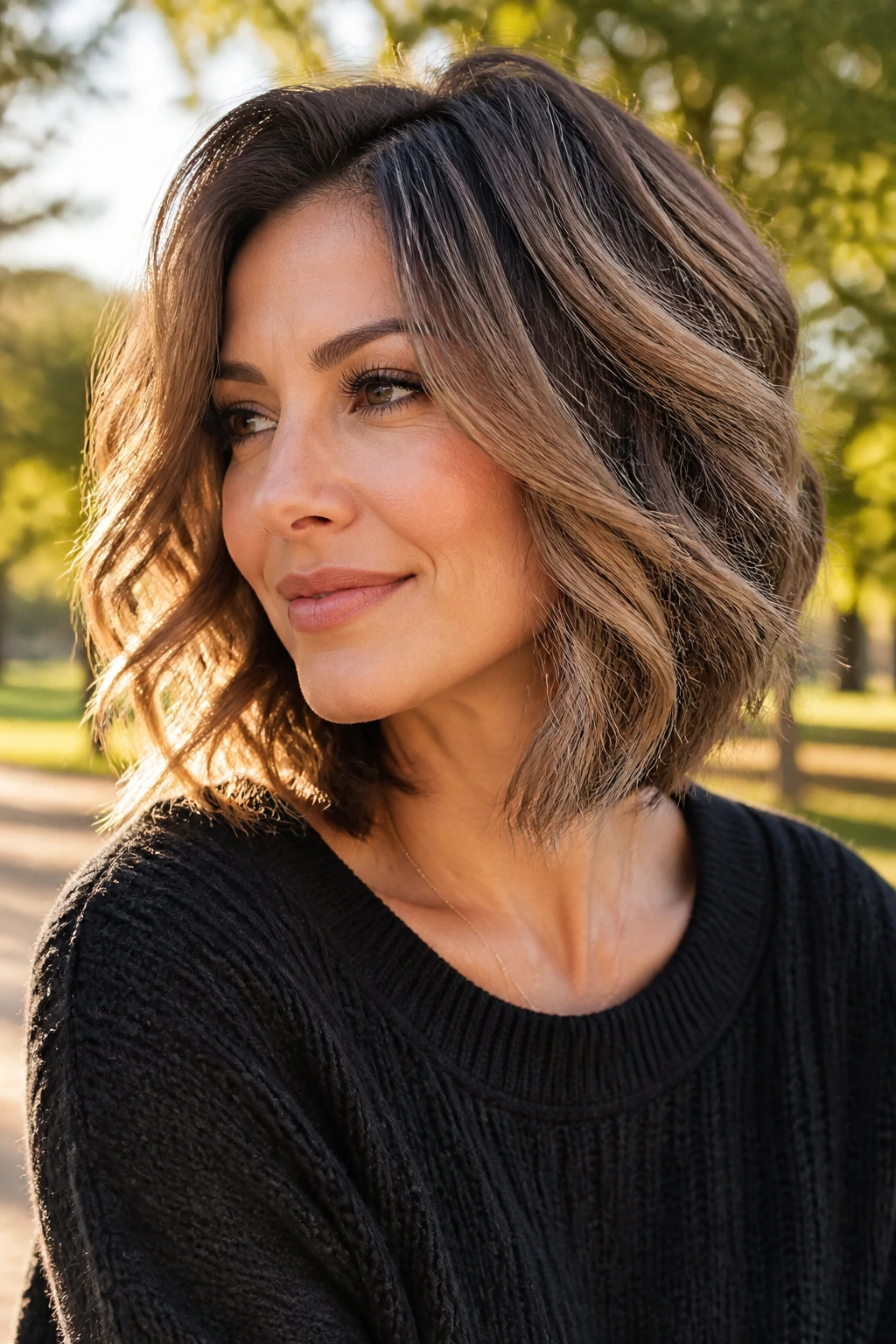 Close-up portrait of a real woman with a wavy feathered A-line bob in a park during golden hour
