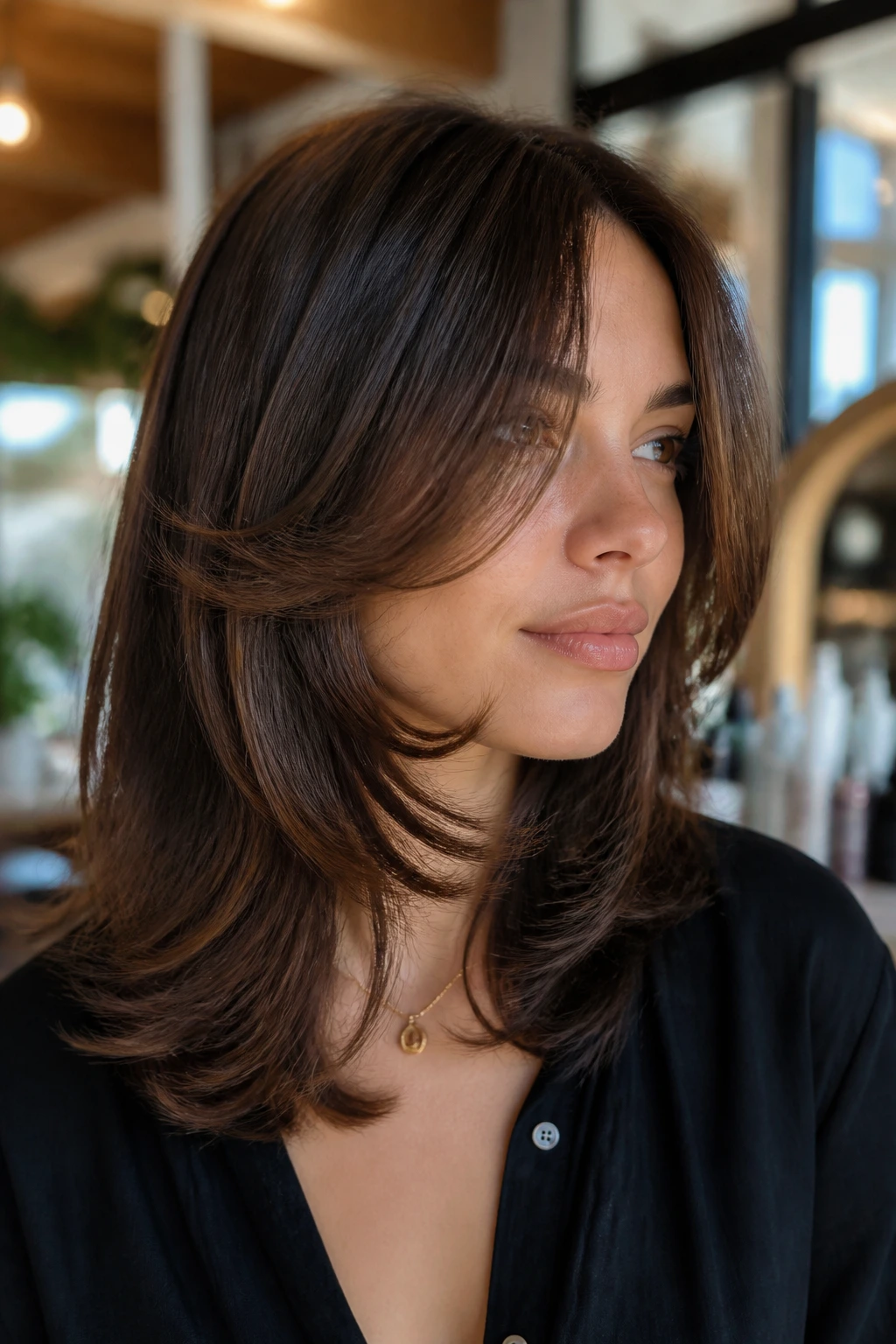 Close-up of a real woman with classic feathered butterfly layers at the jawline in a sunlit salon.