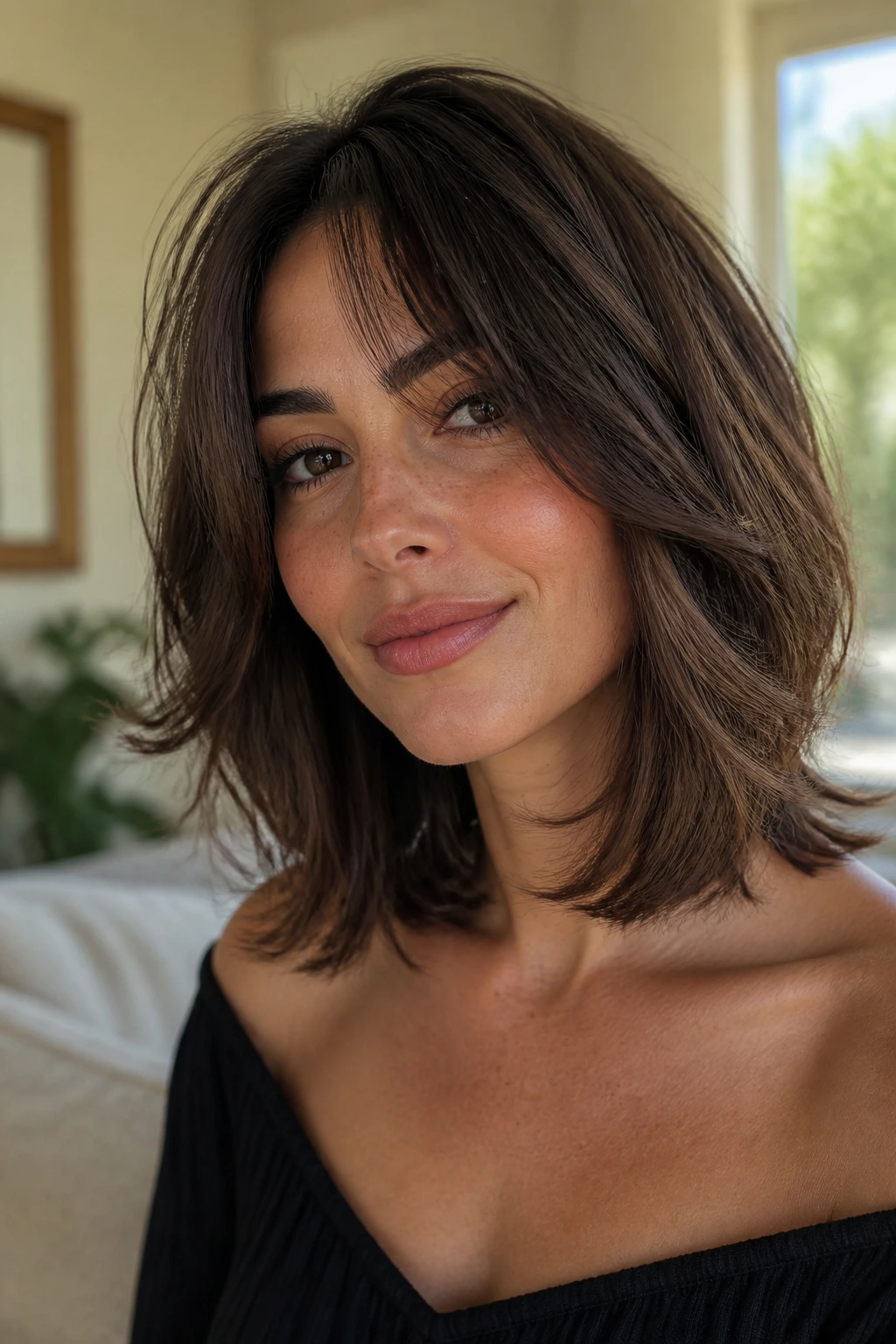Real person with a feathered collarbone-length lob
