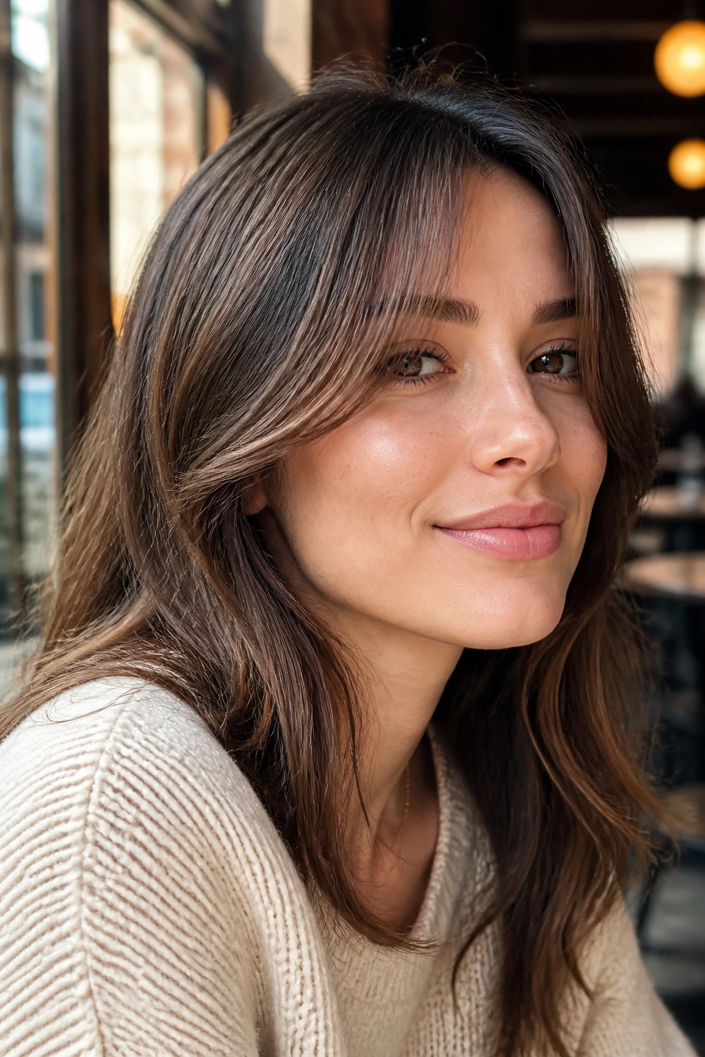 Close-up of a person with soft feathered curtain bangs in warm window light