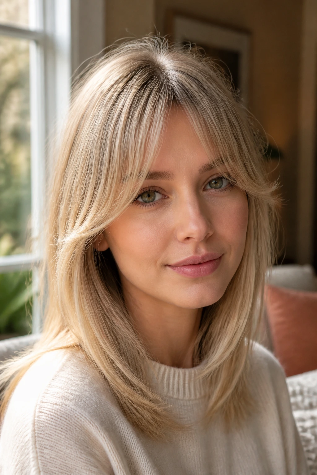 Close-up of woman with fine, feathered curtain bangs sweeping to the sides