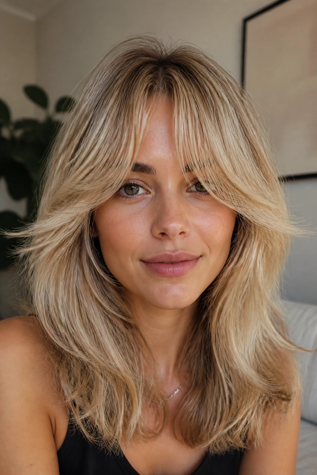 Portrait of a person with feathered bangs showing tapered ends