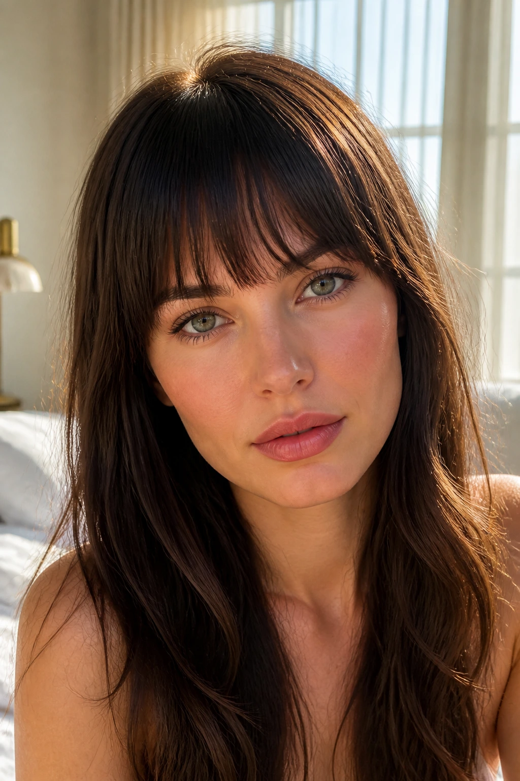 Close-up of a real woman with feathered-edge straight bangs in a sunlit room.