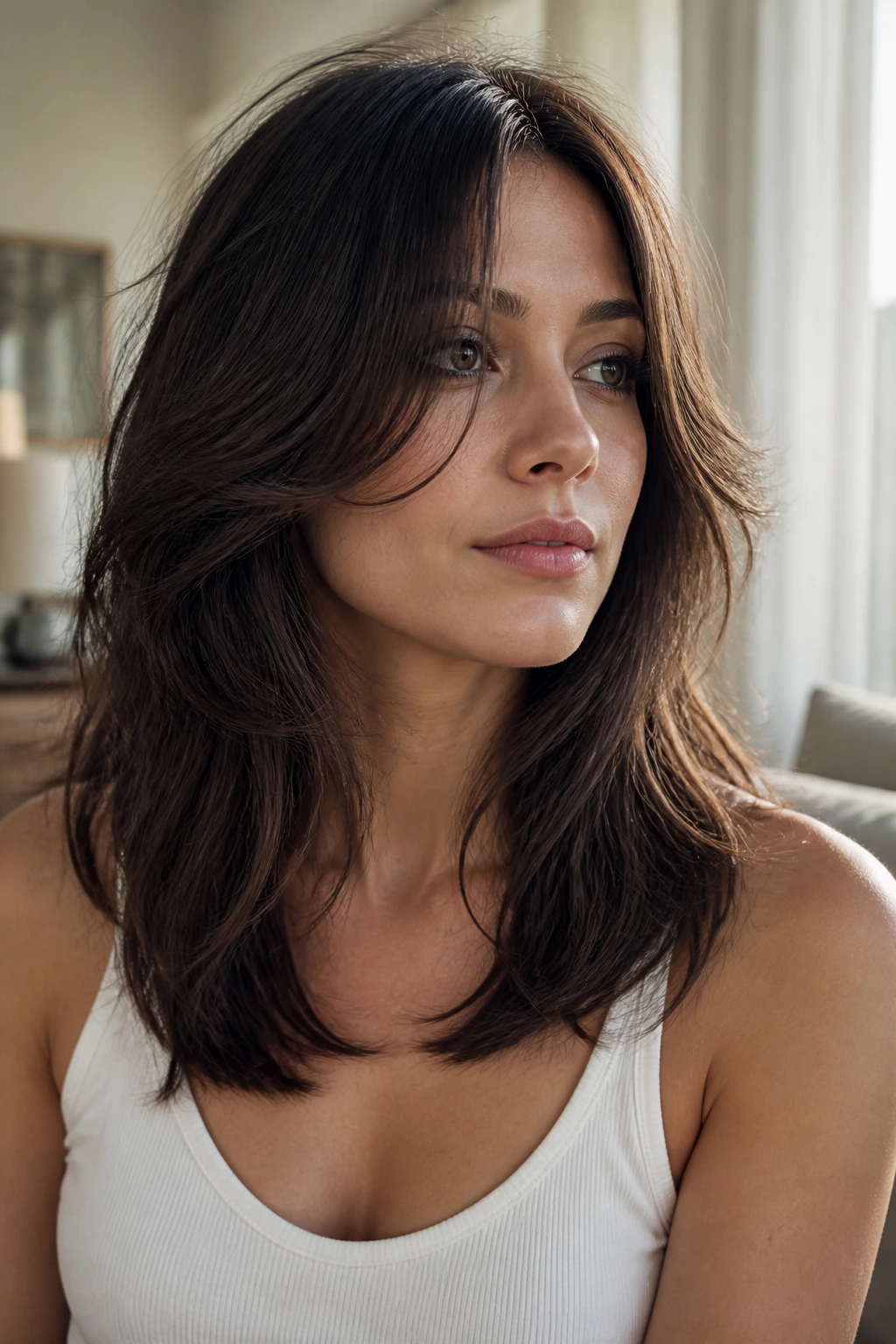 Close-up of a real woman with feathered face-framing layers starting at the nose.