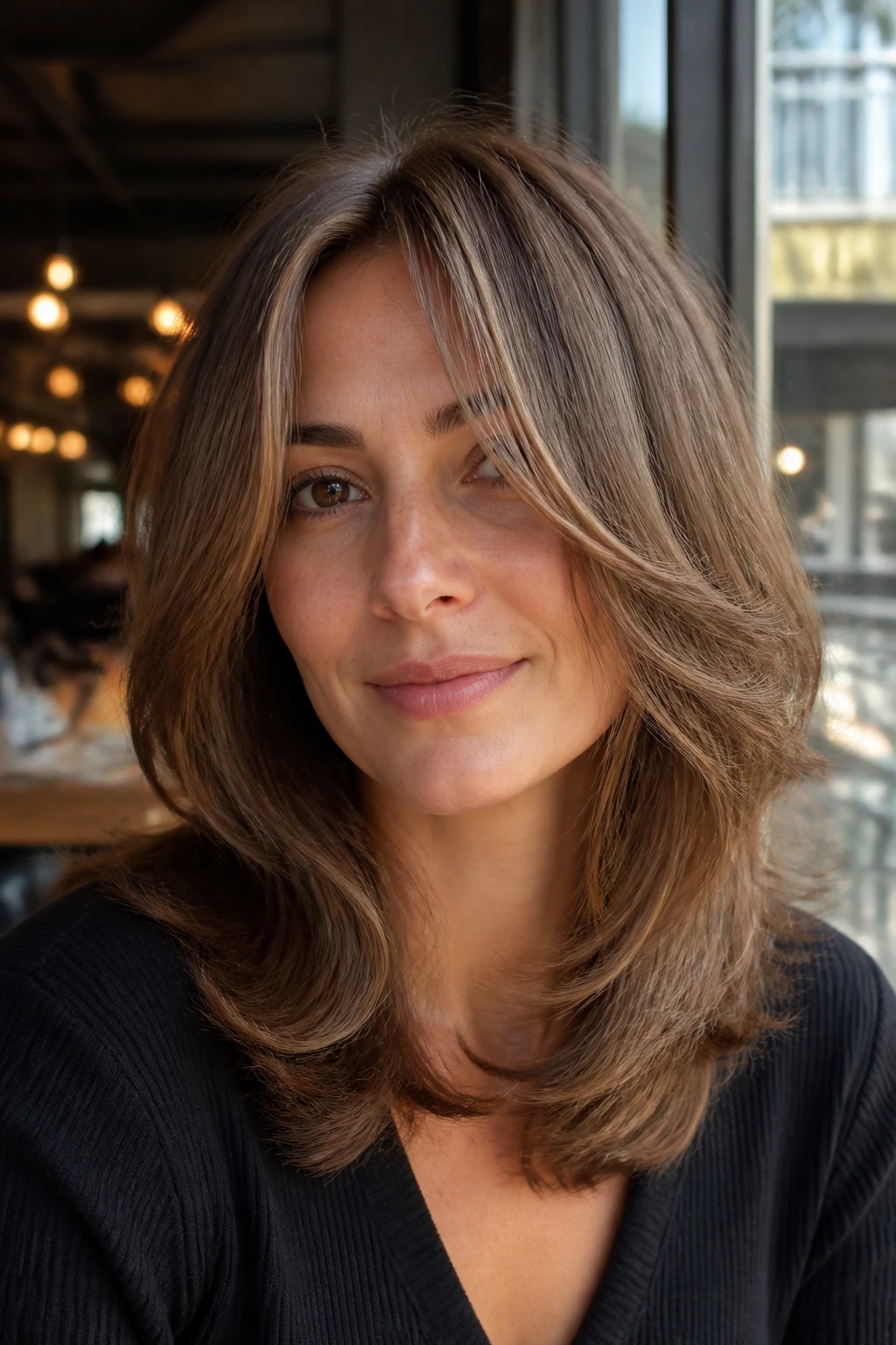 Close-up portrait of a real woman with feathered layers framing the face