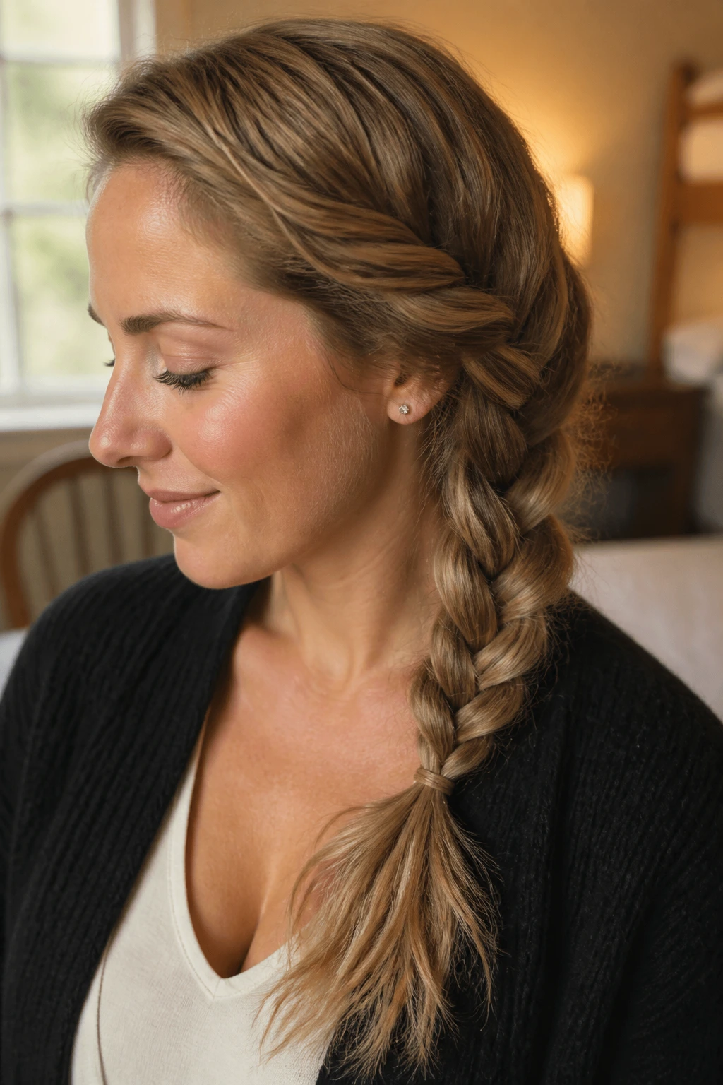 Close-up of a real woman with feathered tail on side braid