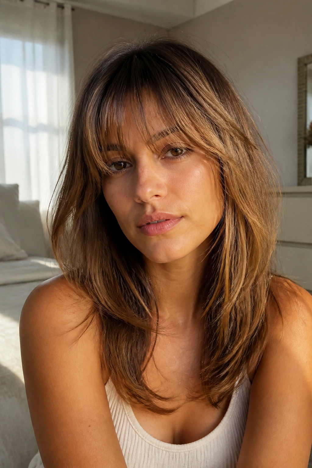 Close-up portrait of a real person with caramel honey tapered feathered fringe.