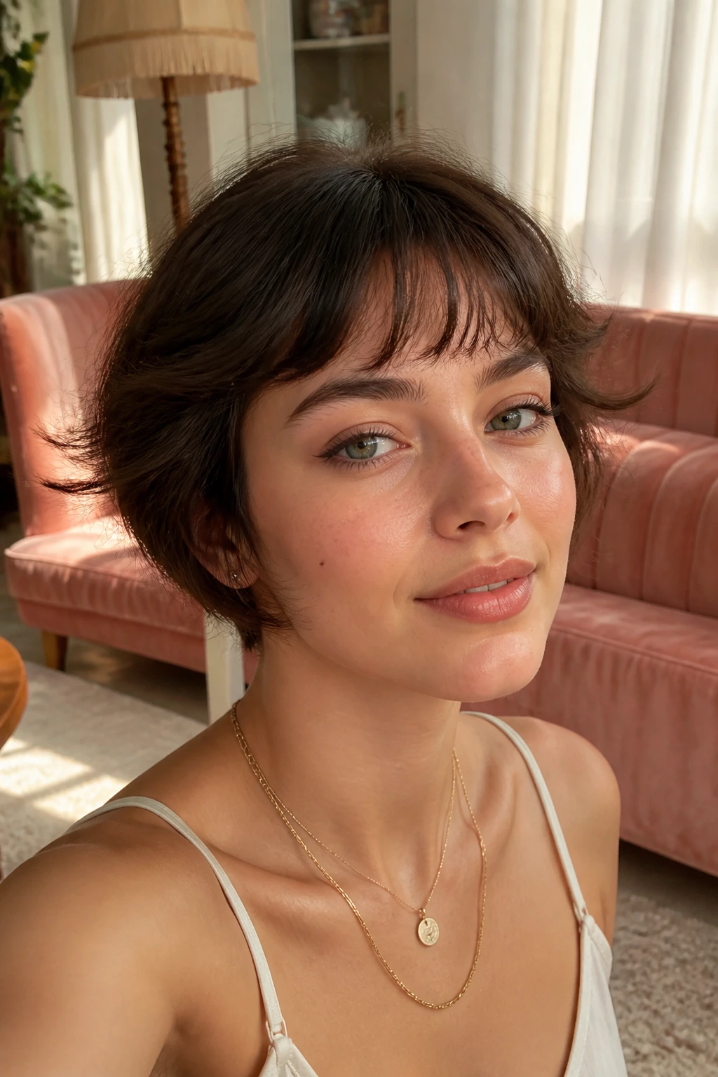 Close-up portrait of a real person with feathered short fringe in retro living room light