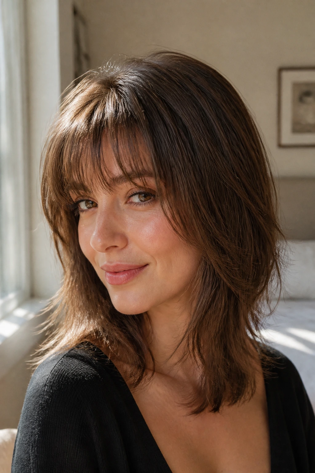 Close-up portrait of a real woman with feathered razor-cut fringe under the brow in warm window light.