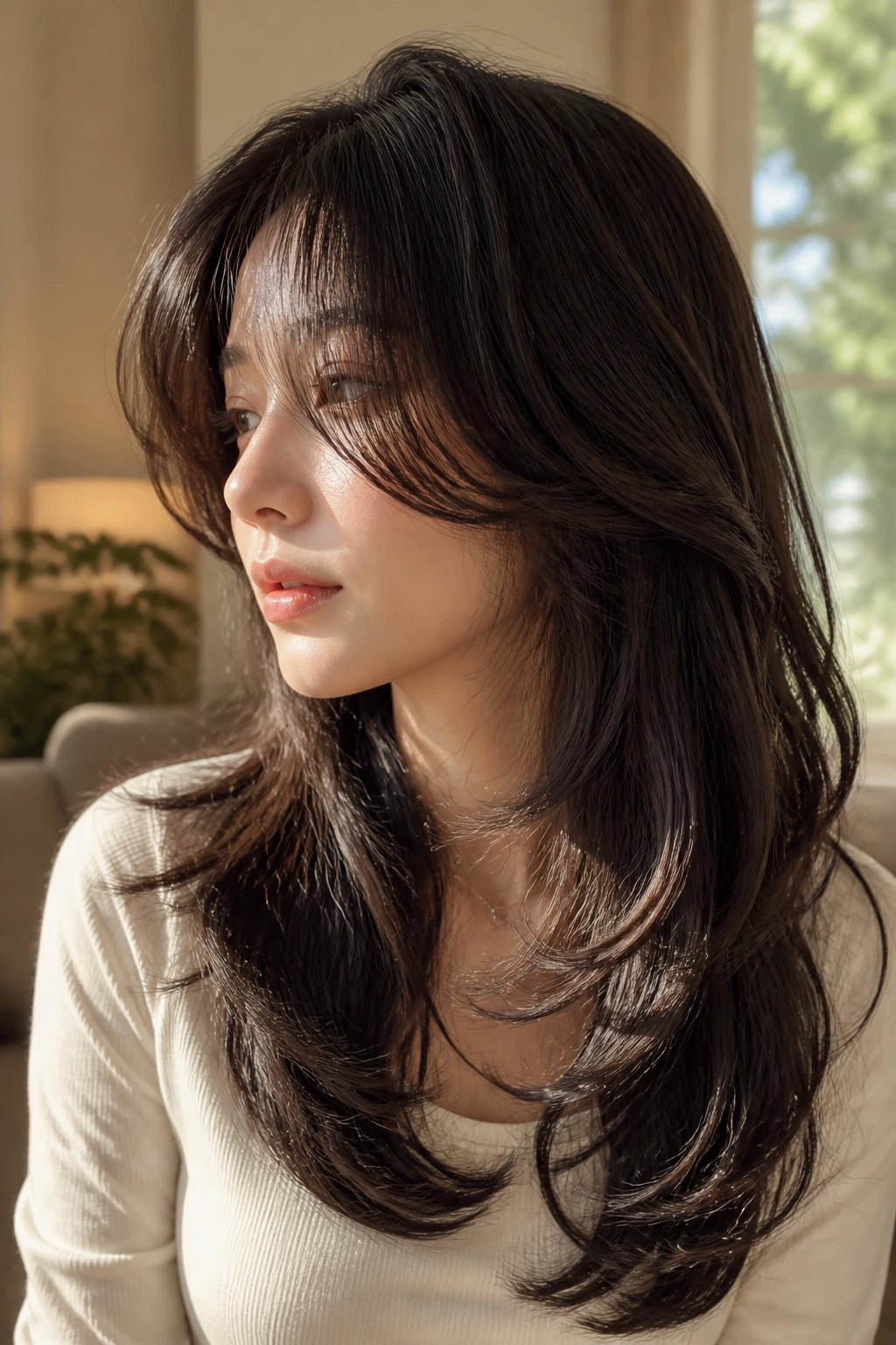 Real person with long feathered fringe and S-wave blend lit by warm window light