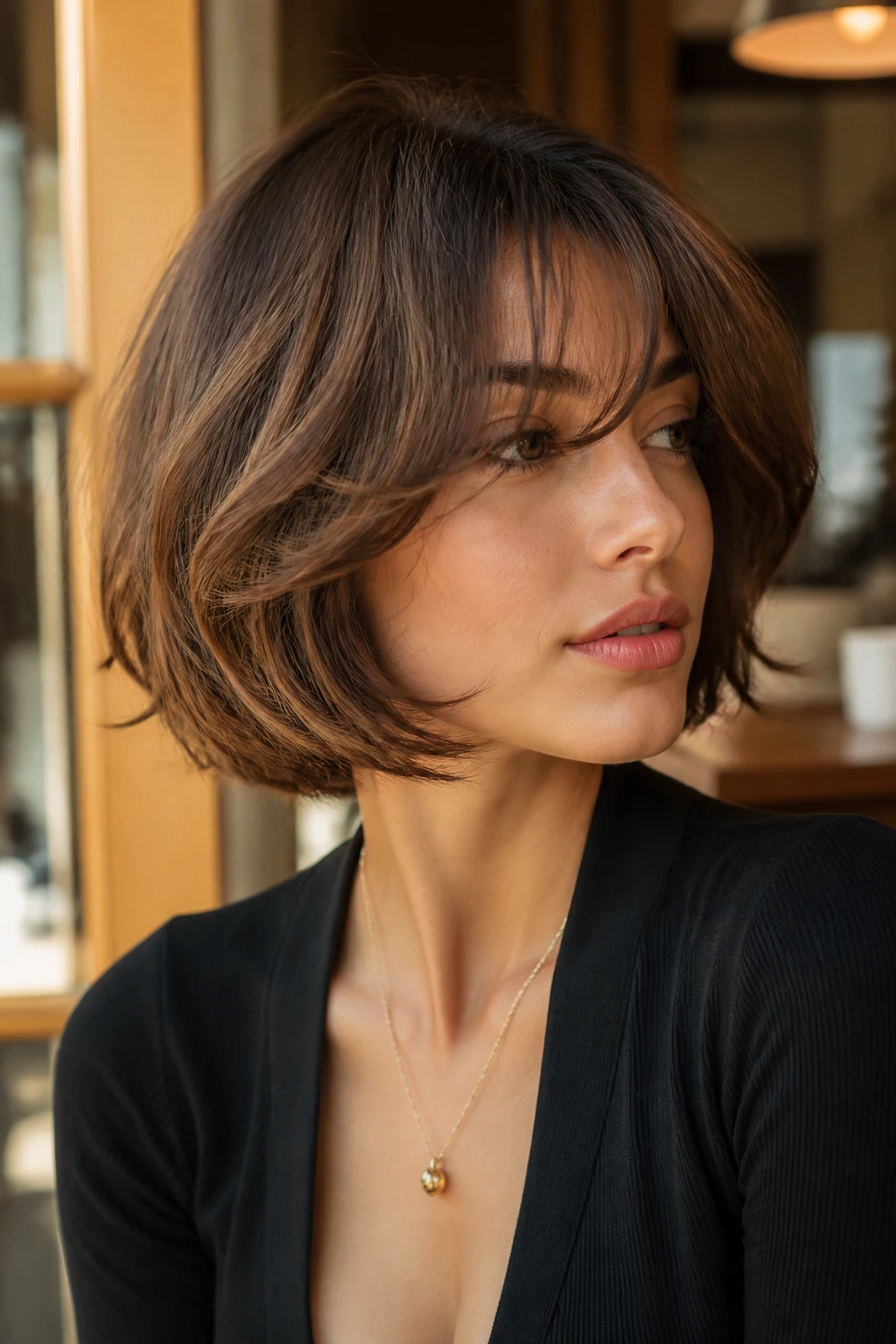 Close-up of feathered Italian bob with wispy bangs on a real person.